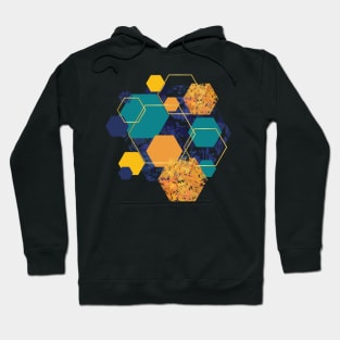 Blue, orange, navy, yellow and gold geometric hexagons Hoodie